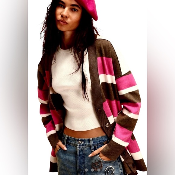 Free People Sweaters - Free People League of Her Own Striped Cardigan Pink Brown and White Stripes
